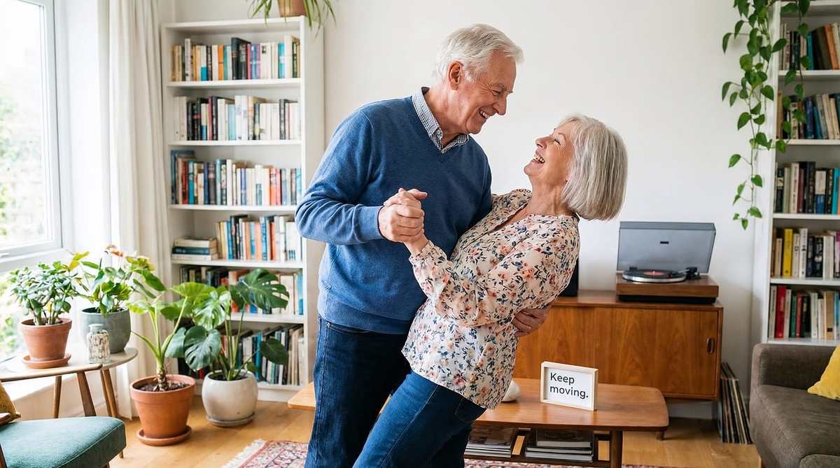 Un couple senior danse joyeusement dans un salon familial