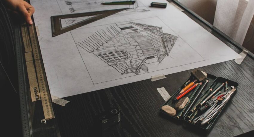 Un dessin d'architecte sur papier avec outils de géométrie