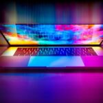 Un ordinateur portable ouvert affiche un clavier et un écran aux couleurs vives